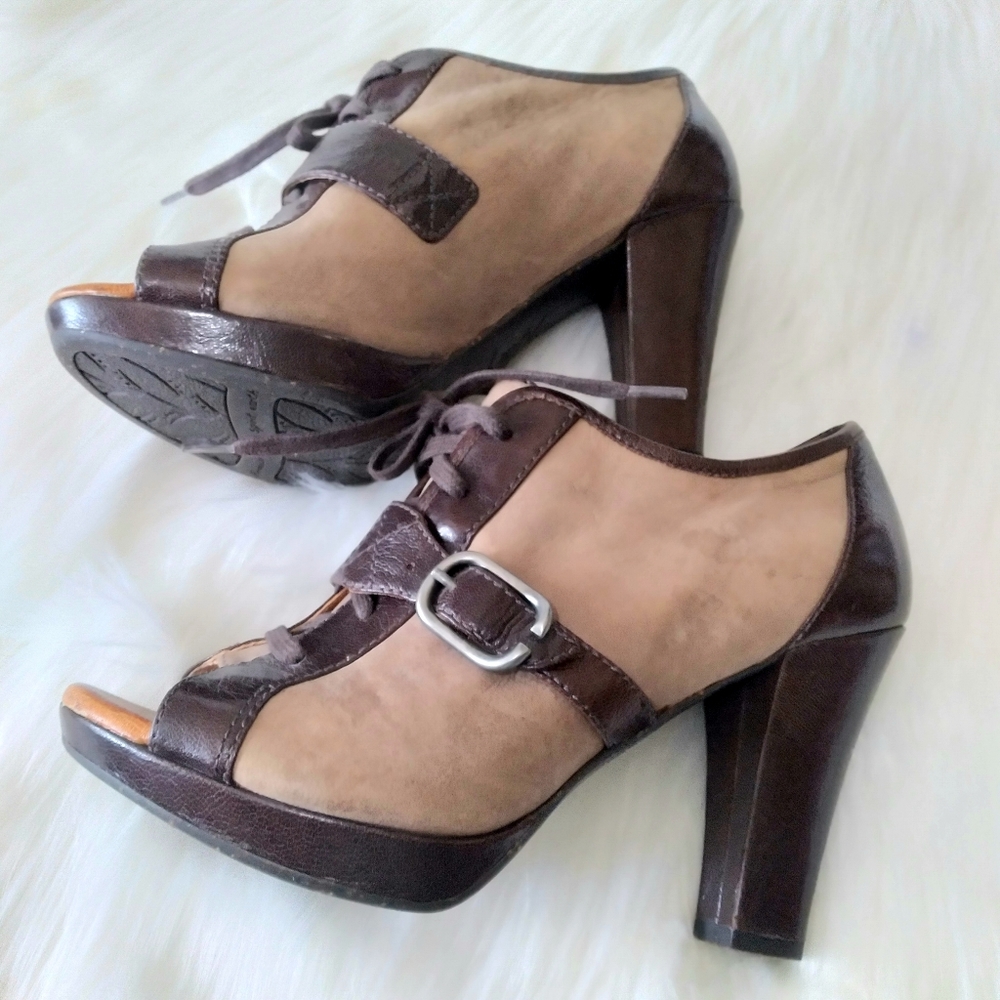Anthropologie Naya Kasha Brown Leather Buckle Peep Toe High Heel Booties Sz 7.5M - Picture 6 of 15